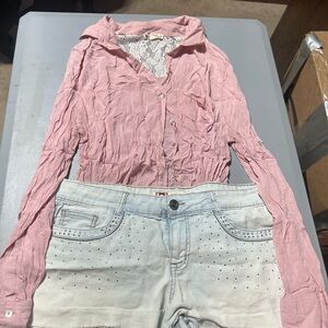 Pink Button-Up Blouse and Light Denim Shorts
